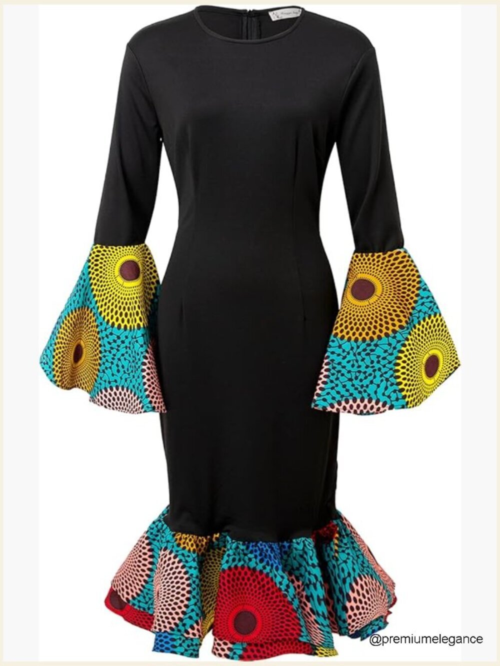 African Print Ankara Midi Dress Long Sleeve Round Neck Back Zip Cotton Casual